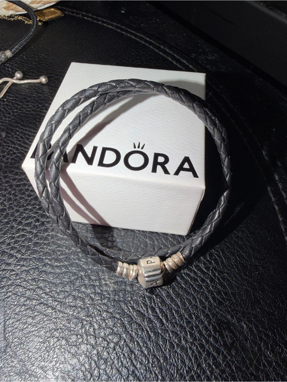 Pandora Black Braided Double Wrap Leather Bracelet with Silver Accents